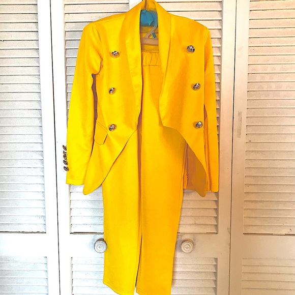 Women's Solid Color Two-piece Casual Blazer Jacket and Pants  Yellow XXS - Picture 2 of 16